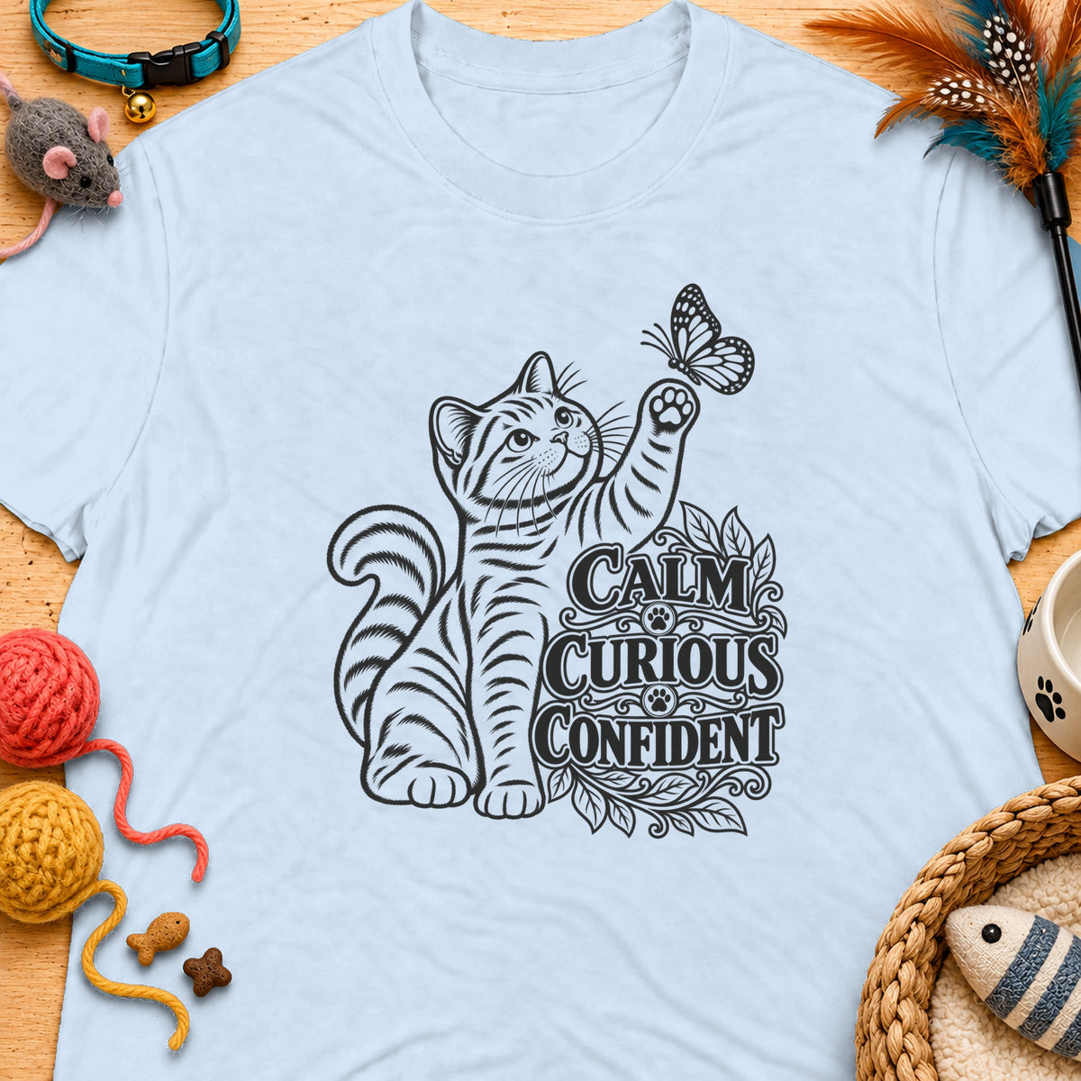 Light blue t-shirt with a tabby cat reaching for a butterfly and text "CALM CURIOUS CONFIDENT".