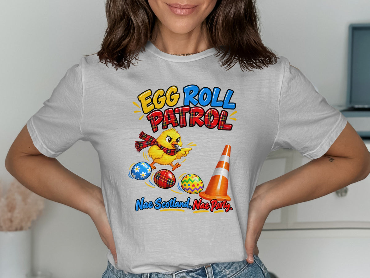 T-shirt graphic: "Egg Roll Patrol" with a chick, Easter eggs, and traffic cone.