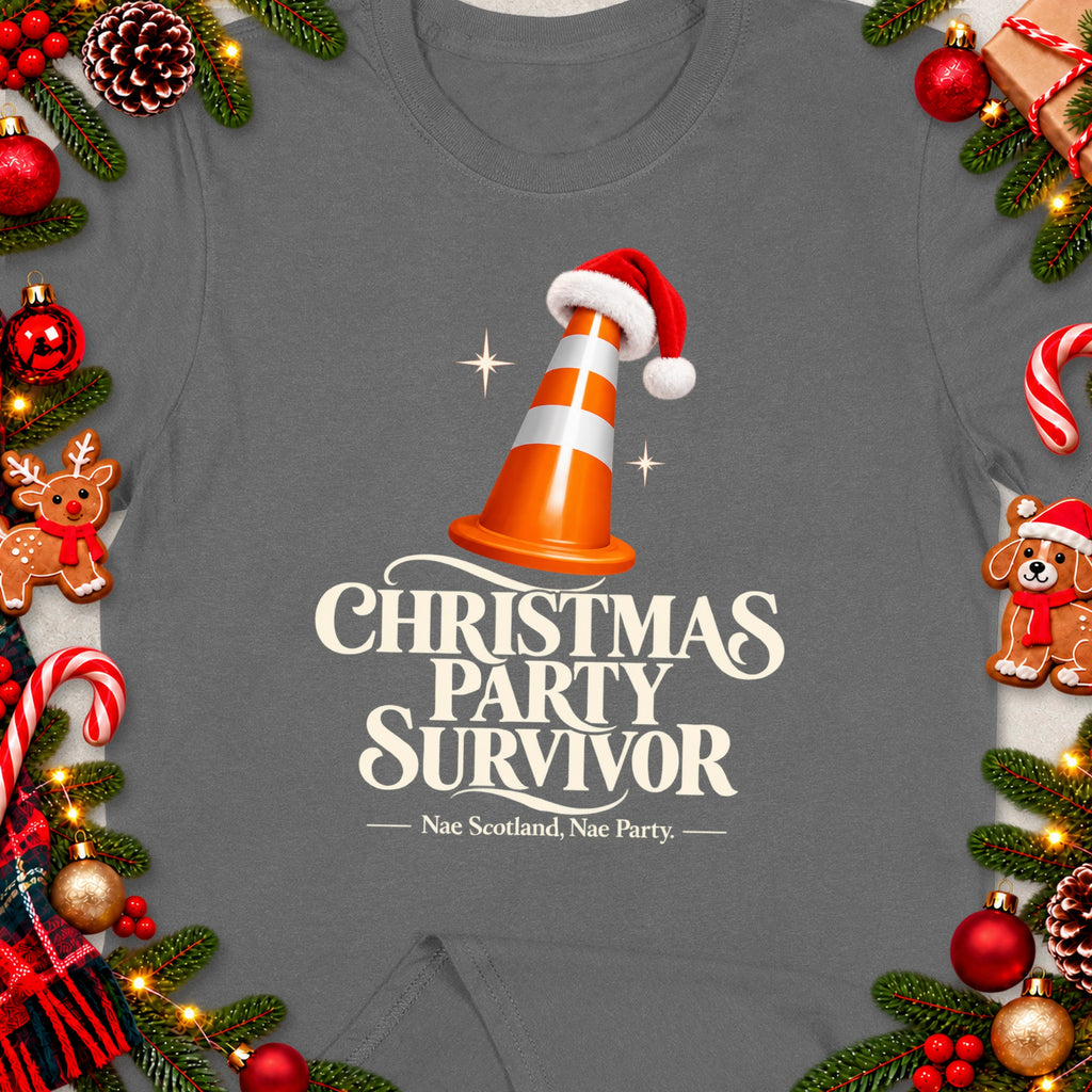 Christmas Party Survivor text on a grey t-shirt with a cone wearing a Santa hat.