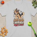 German Shepherd graphic with "Shepherd Hair Don't Care" text on a t-shirt.