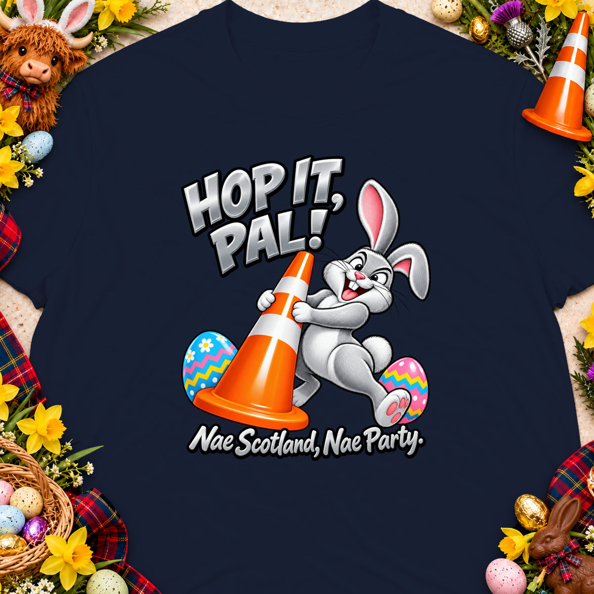 Cartoon bunny in a traffic cone with text "Hop It, Pal!" and "Nae Scotland, Nae Party."