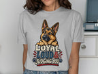 German Shepherd head above text "LOYAL LOUD & JUDGING YOU" on gray t-shirt.