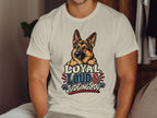 German Shepherd wearing a shirt with text: Loyal, Loud & Judging You