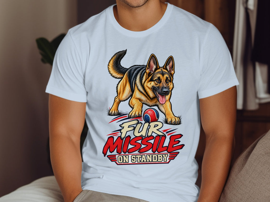 German Shepherd with ball and text "Fur Missile on Standby" on a white t-shirt.