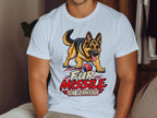German Shepherd with ball and text "Fur Missile on Standby" on a white t-shirt.