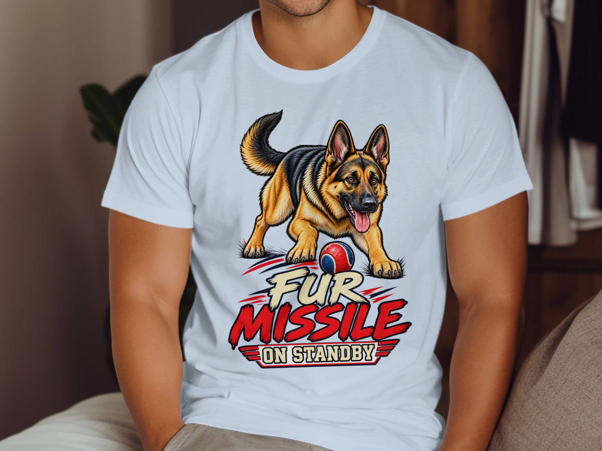 German Shepherd with ball and text "Fur Missile on Standby" on a white t-shirt.