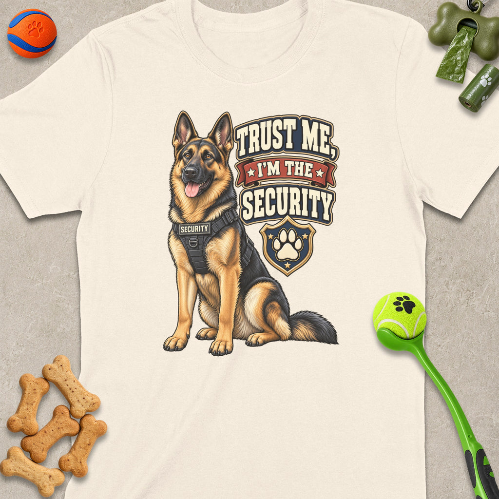 German Shepherd wearing a security vest with text "Trust me, I'm the security".
