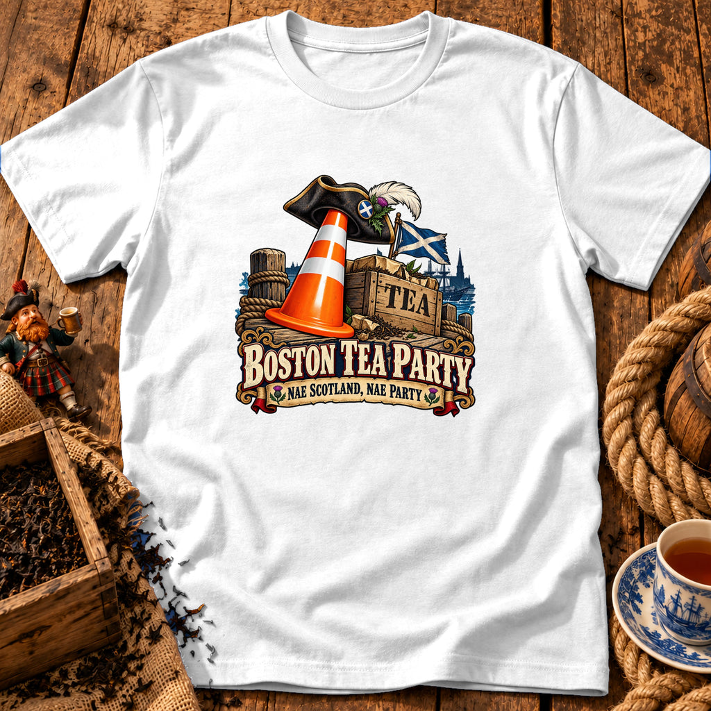 White t-shirt featuring a Boston Tea Party graphic with a traffic cone, pirate hat, and Scottish flag.