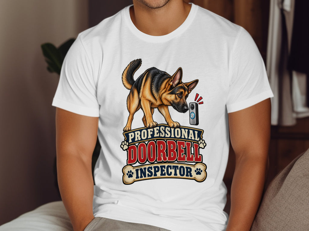 German Shepherd near doorbell text reads "PROFESSIONAL DOORBELL INSPECTOR".