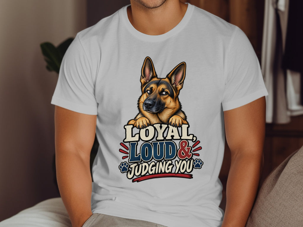 German Shepherd graphic on white t-shirt with text "Loyal, Loud & Judging You".
