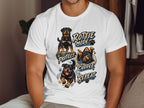 White t-shirt with Rottweiler graphic and text: "Rottie Mode: Protect, Cuddle, Repeat".