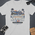 Light gray t-shirt with Los Angeles skyline graphic and "Nae Scotland Nae Party" text.