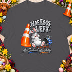 Illustration of a rabbit sitting next to a traffic cone and an empty Easter basket, with text.