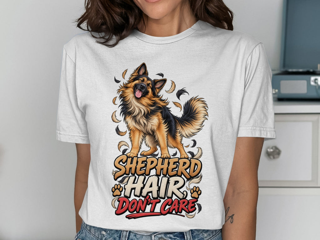 German Shepherd graphic with text "Shepherd Hair Don't Care".