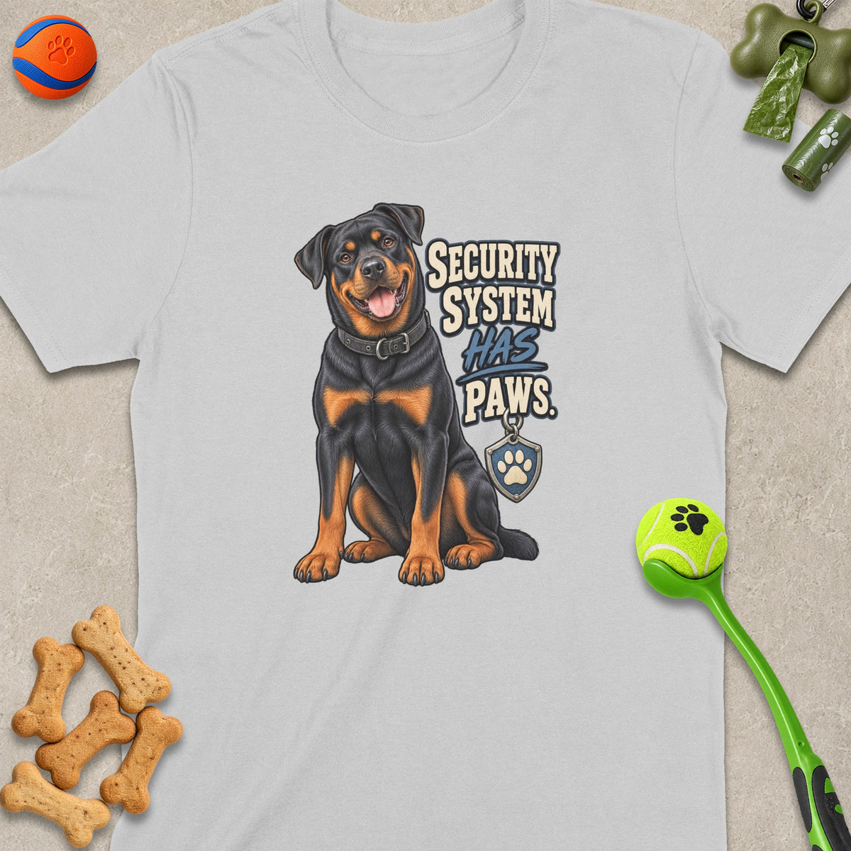 Rottweiler illustration with "Security System Has Paws" text and paw print shield.