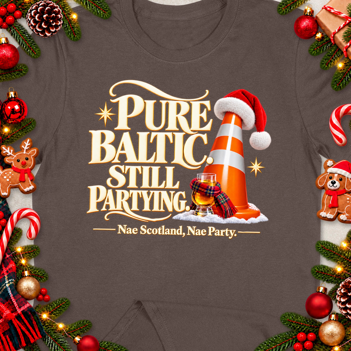 "Pure Baltic Still Partying. Nae Scotland, Nae Party." text on shirt with festive decorations.