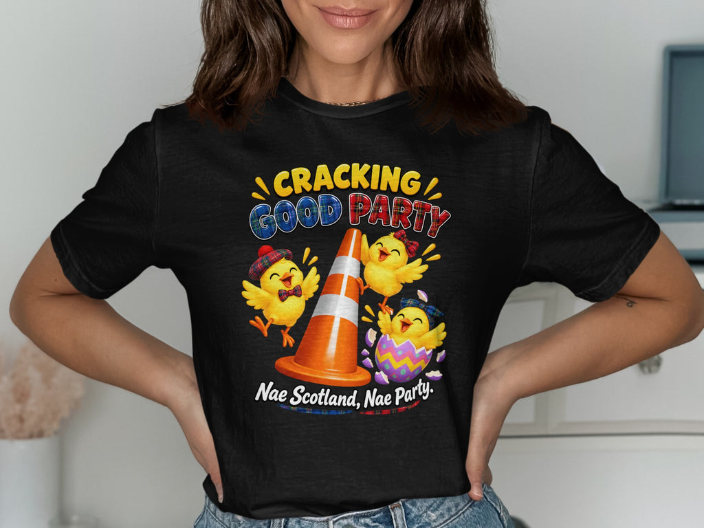 Four chicks wear tartan accessories around a traffic cone with text "Cracking Good Party".