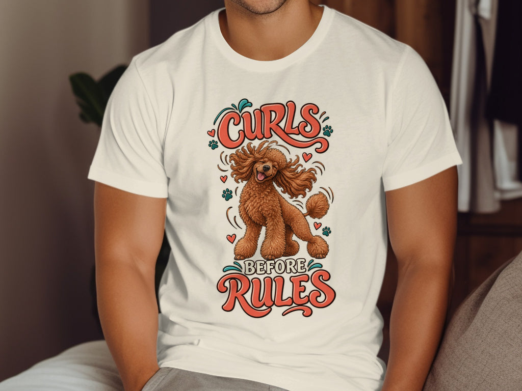 White t-shirt with a brown poodle and text "Curls Before Rules".