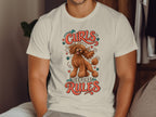 Cream t-shirt with a cartoon poodle and "Curls Before Rules" text.