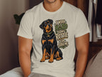 T-shirt with Rottweiler graphic and text "I work hard so my Rottie can judge me."
