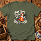 An olive green t-shirt displays graphic text reading BOSTON TEA PARTY and NAE SCOTLAND NAE PARTY with a traffic cone.