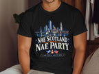 Black t-shirt with "Nae Scotland Nae Party Boston Edition" text and Boston skyline illustration.