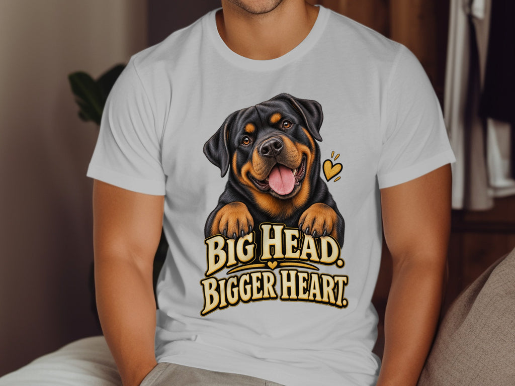 White t-shirt with Rottweiler graphic and text "BIG HEAD. BIGGER HEART."