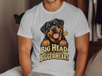 White t-shirt with Rottweiler graphic and text "BIG HEAD. BIGGER HEART."