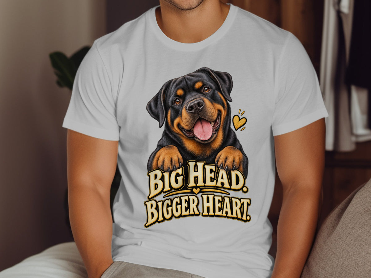 White t-shirt with Rottweiler graphic and text "BIG HEAD. BIGGER HEART."