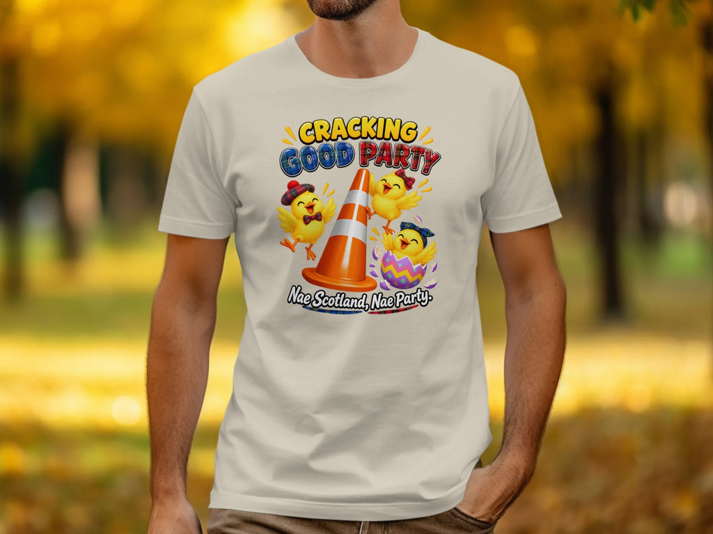 T-shirt with chicks, traffic cone, and text "CRACKING GOOD PARTY, Nae Scotland, Nae Party."