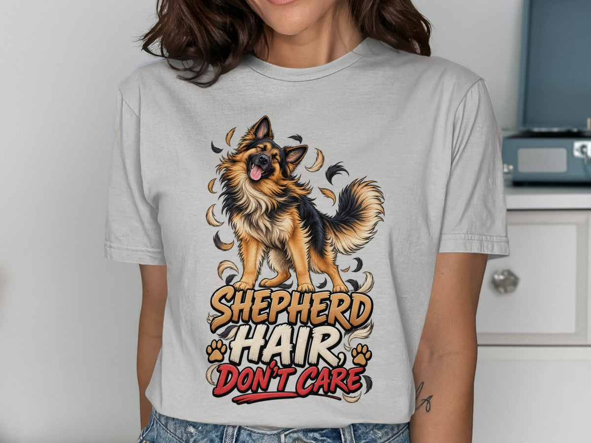 German Shepherd illustration with "Shepherd Hair Don't Care" text on light gray t-shirt.
