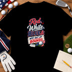 A black t-shirt features graphic text reading Red White Blue and Way Out of Bounds with golf elements and American flags.