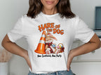 T-shirt graphic: Hare of the Dog text, rabbit with scarf, coffee, Easter basket.