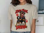 Rottweiler on t-shirt with "Zero Fear Maximum Drool" text and paw prints.