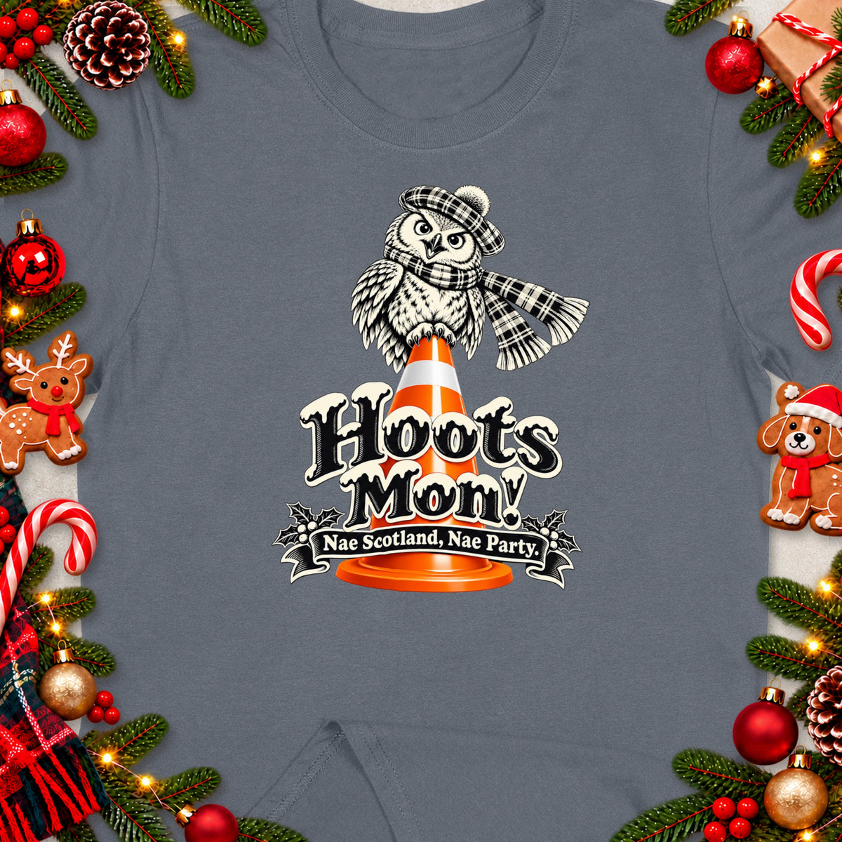 Owl in tartan hat and scarf on traffic cone with "Hoots Mon! Nae Scotland, Nae Party." text.