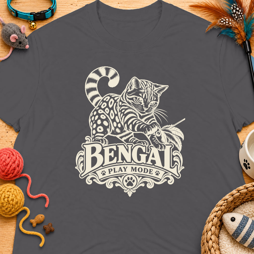 Bengal cat graphic with text "Bengal Play Mode" on a dark gray t-shirt.
