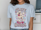 Light blue t-shirt with a poodle graphic and text "FLUFF WITH BENEFITS".