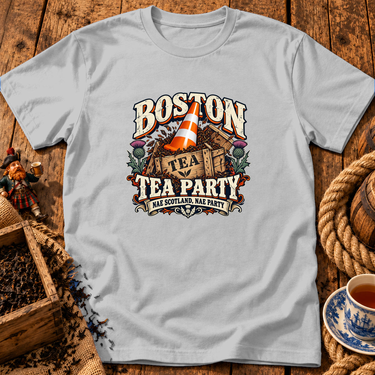 Light gray t-shirt featuring a Boston Tea Party graphic with a traffic cone and Scottish thistles.