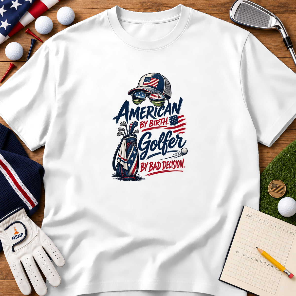 White t-shirt with patriotic golf graphic reading American by birth golfer by bad decision surrounded by golf accessories.