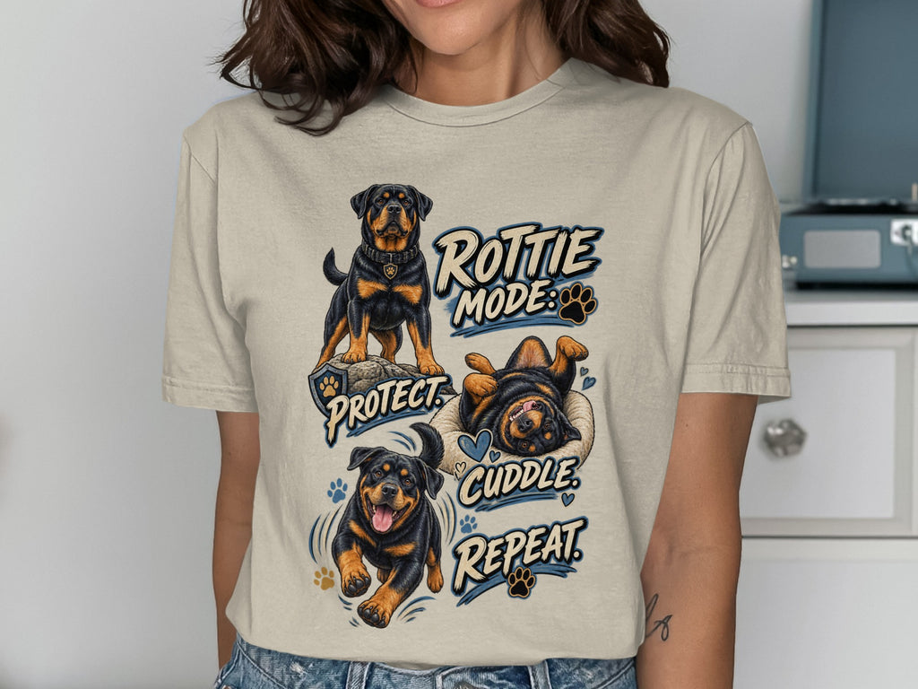 Rottweiler dogs with text "Rottie Mode: Protect, Cuddle, Repeat."