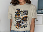 Rottweiler dogs with text "Rottie Mode: Protect, Cuddle, Repeat."