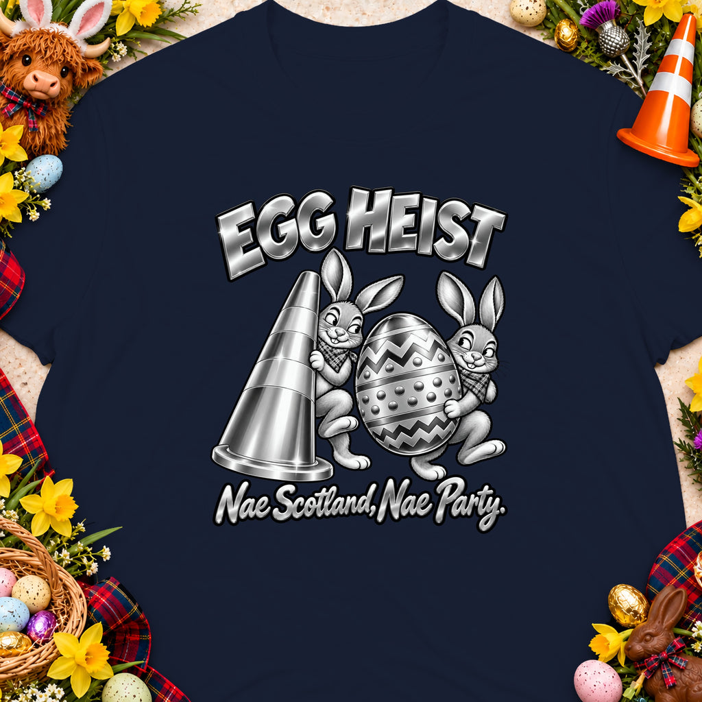 Navy t-shirt with "EGG HEIST Nae Scotland, Nae Party" text and bunnies holding an egg.