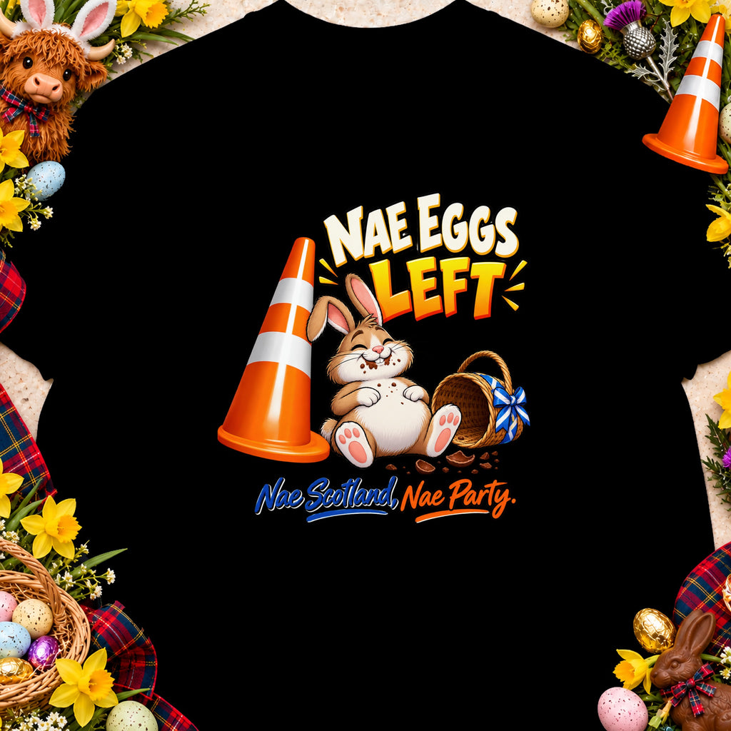 Cartoon rabbit with traffic cone and Easter basket, text "NAE EGGS LEFT".