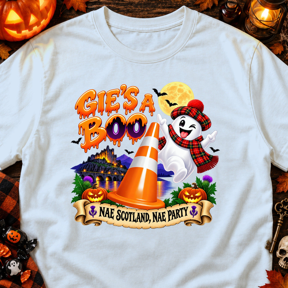 Ghost in tartan scarf and hat winks, with "Gie's a Boo!" text and Scottish castle.
