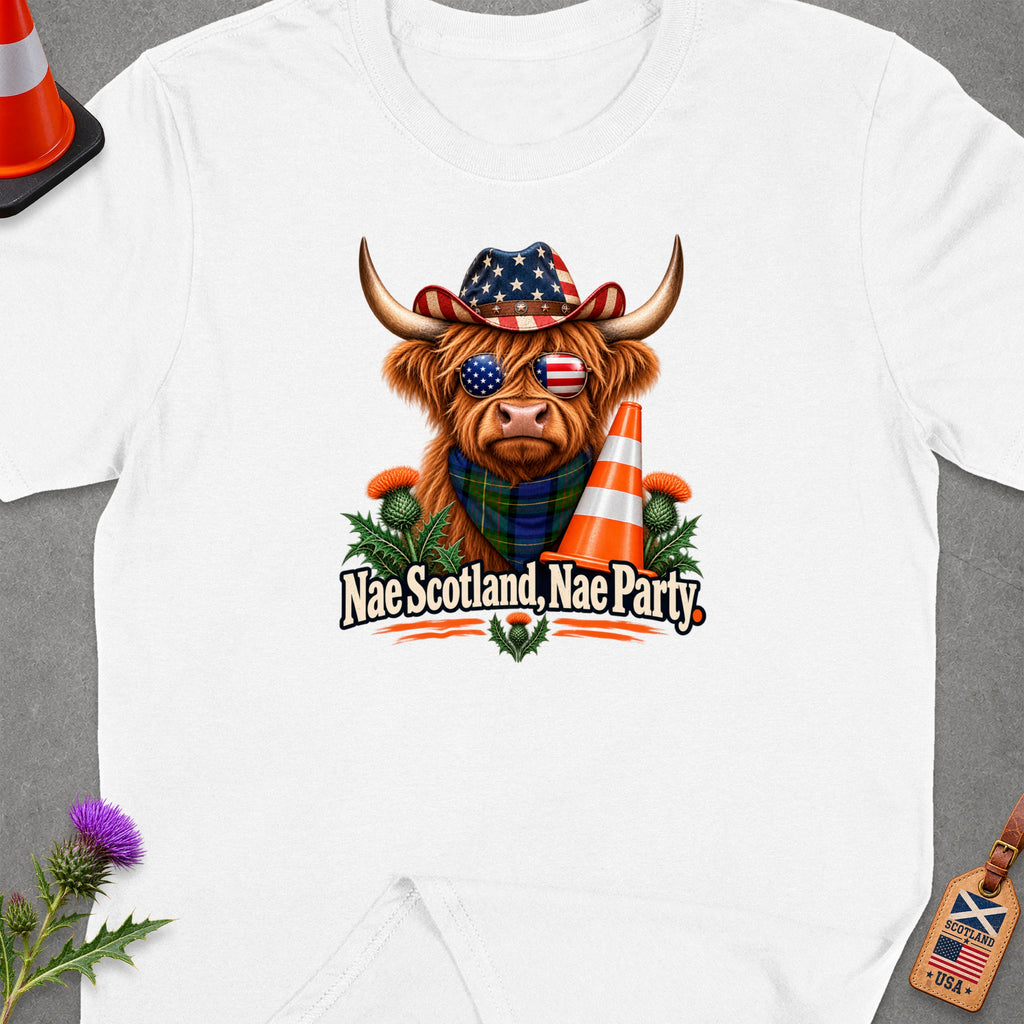 Highland cow in cowboy hat and American flag glasses with "Nae Scotland, Nae Party" text.