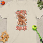 T-shirt with poodle graphic and "Curls Before Rules" text.