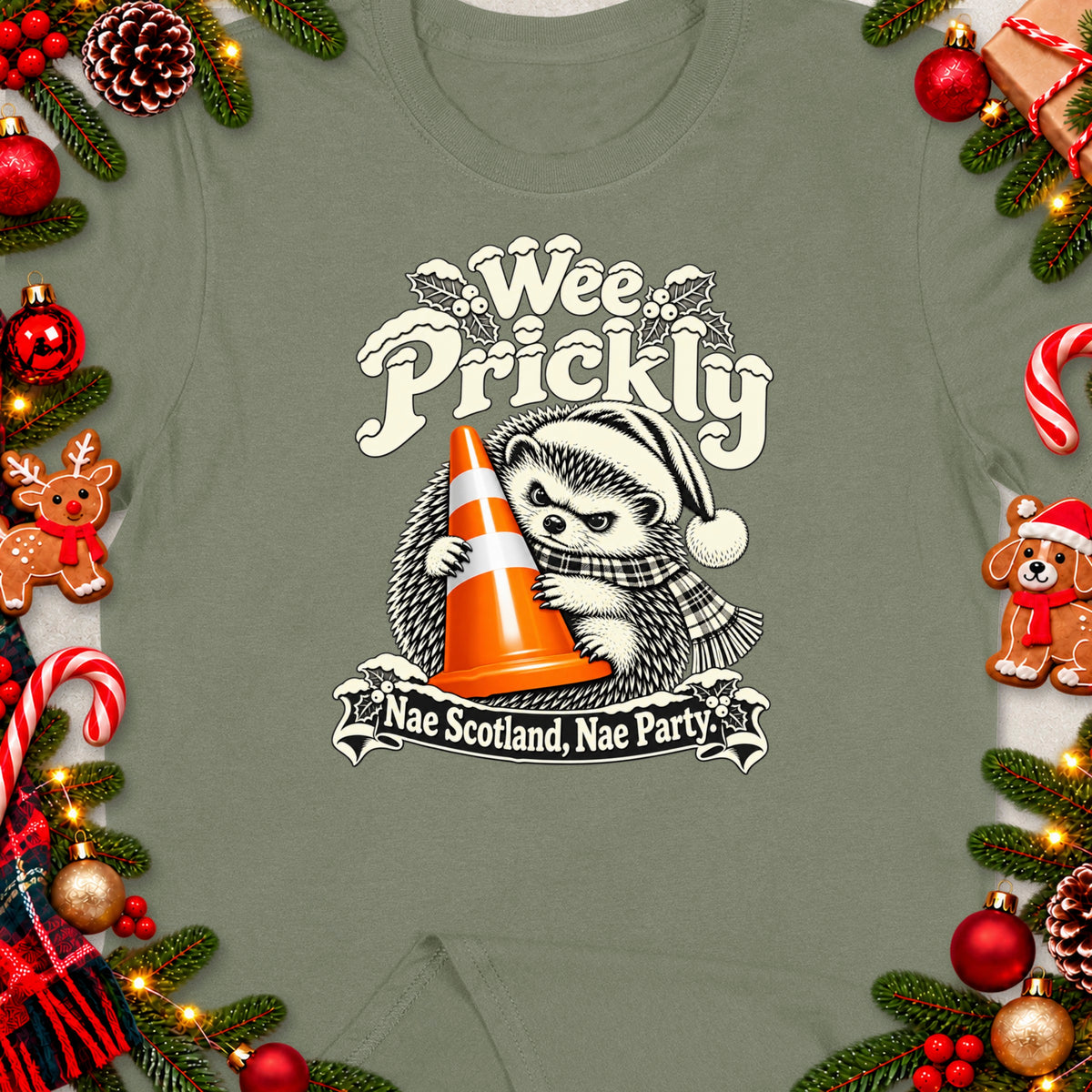 Hedgehog wearing Santa hat holding traffic cone with text "Wee Prickly" and "Nae Scotland, Nae Party".