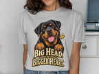Rottweiler graphic on light grey t-shirt with text "BIG HEAD, BIGGER HEART".