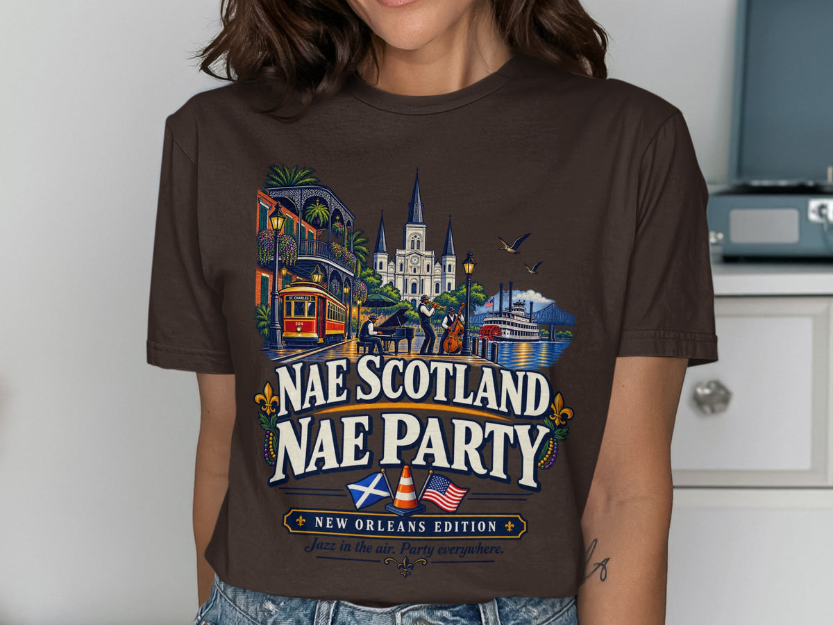 T-shirt features New Orleans scene with text "Nae Scotland Nae Party".