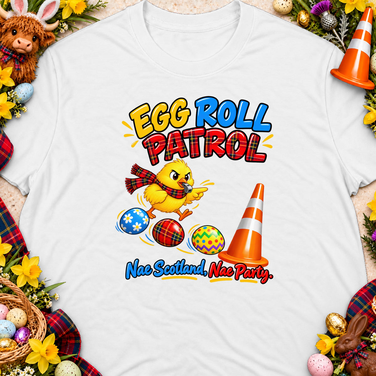 White t-shirt with cartoon chick, Easter eggs, and text "Egg Roll Patrol. Nae Scotland, Nae Party."
